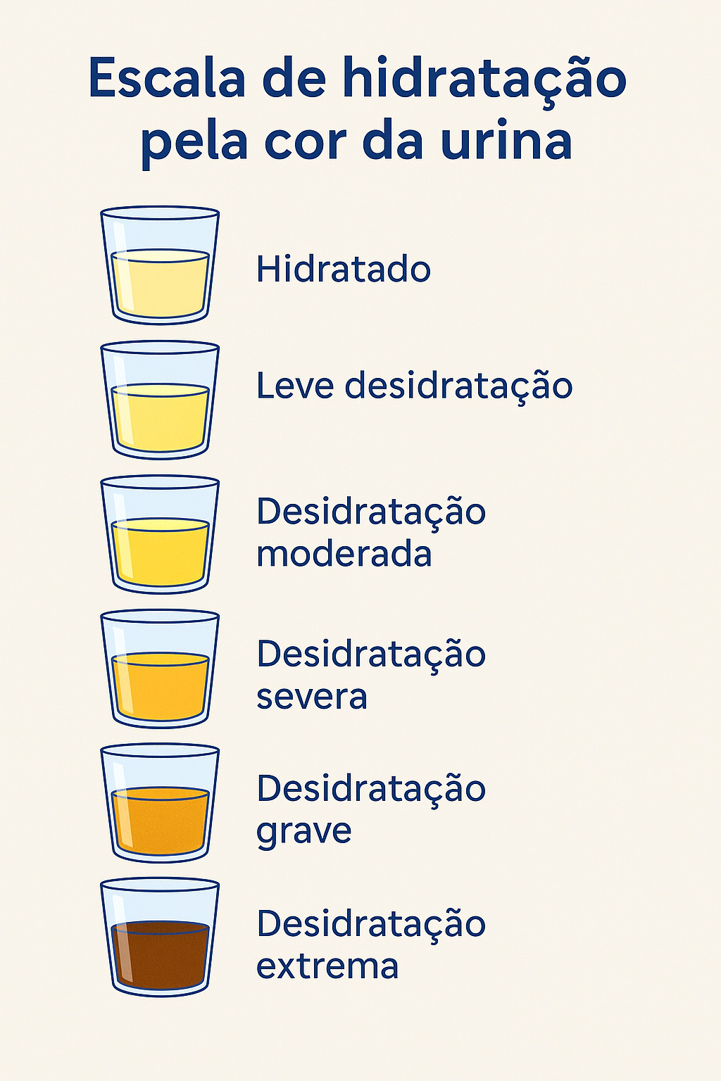 Escala de cores da urina indicando níveis de hidratação, de clara a marrom

