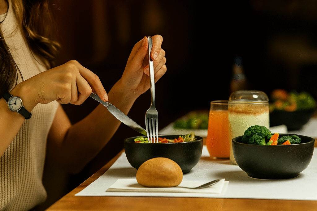 Mulher fazendo refeição equilibrada com vegetais, salada e suco natural