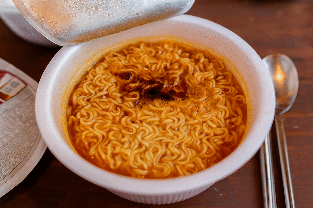 Tigela de macarrão instantâneo, representando um alimento ultraprocessado
